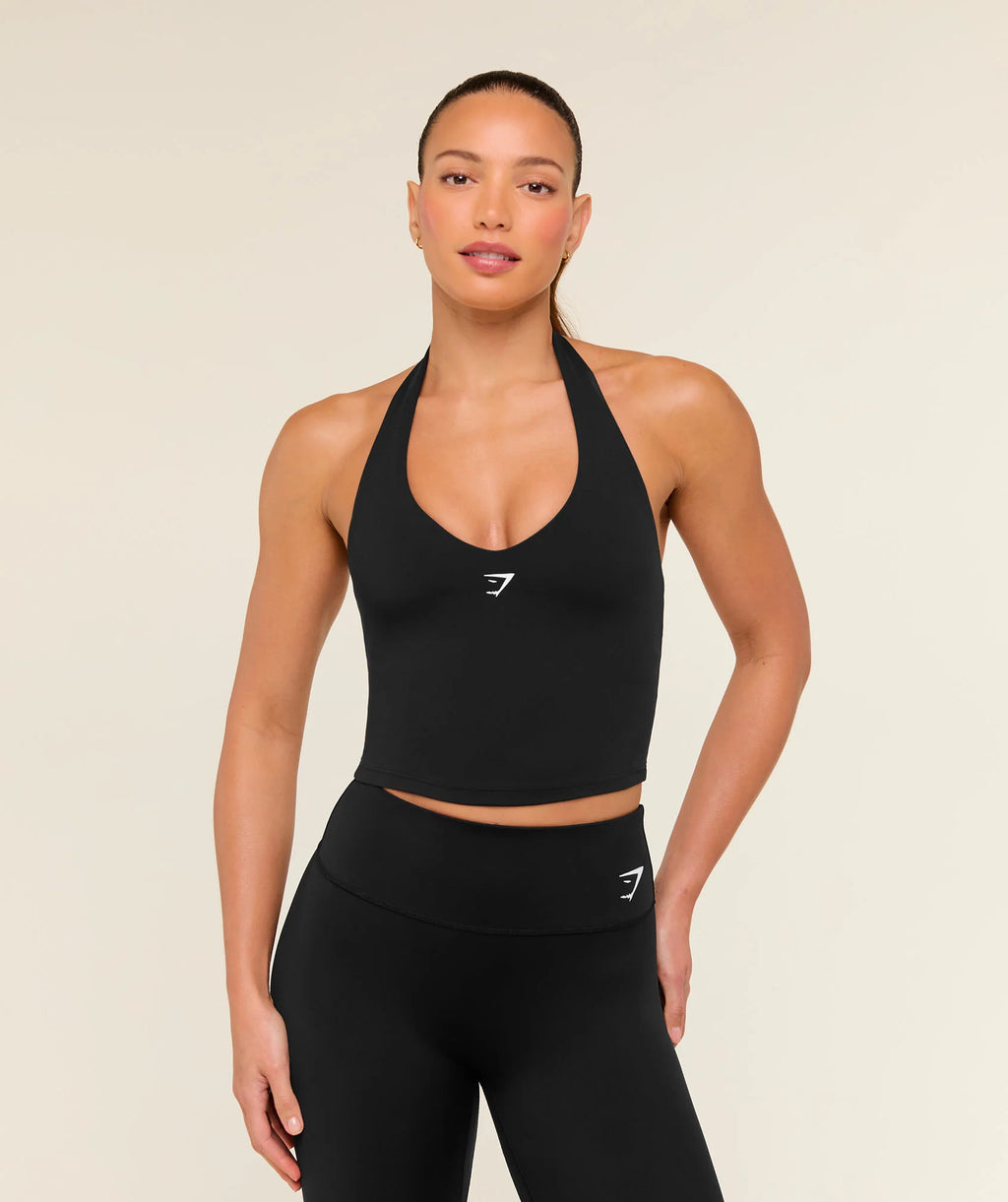 Halter Neck Cami with Shelf- Black