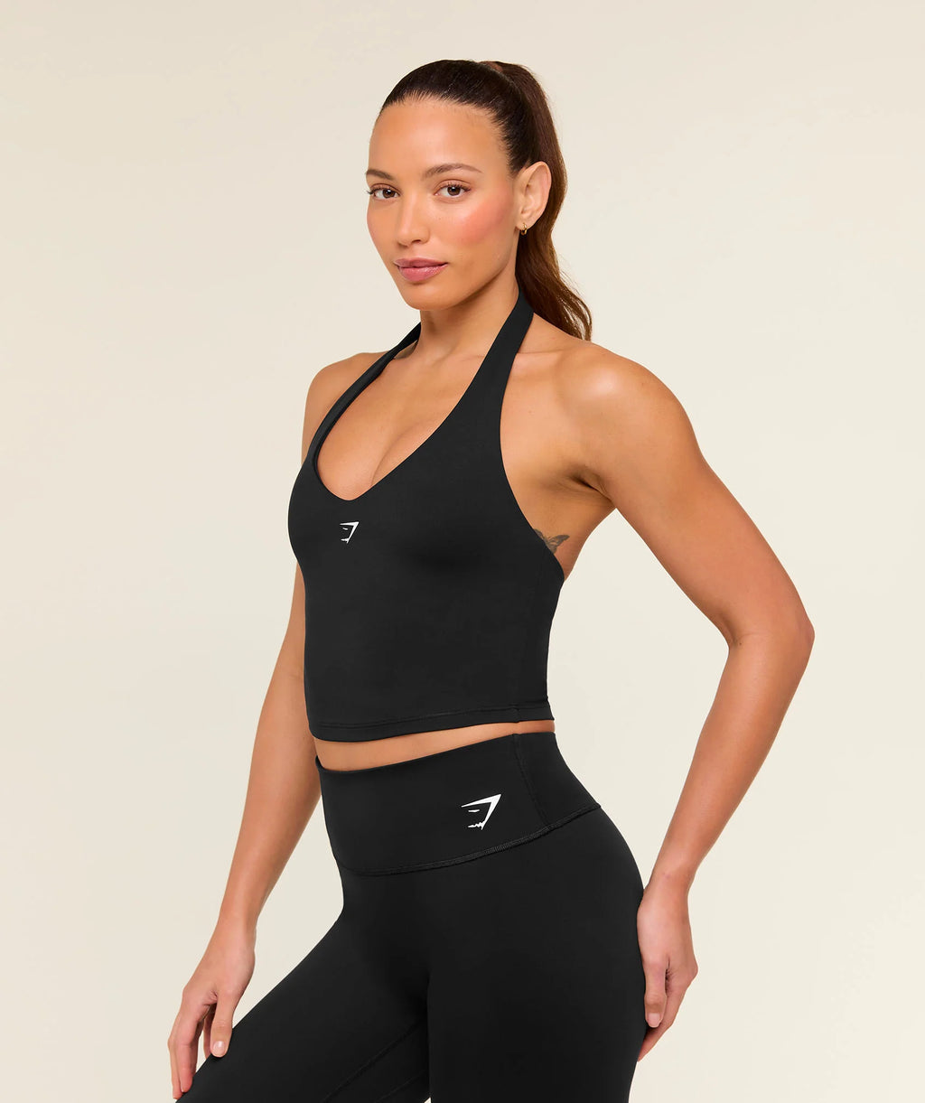 Halter Neck Cami with Shelf- Black