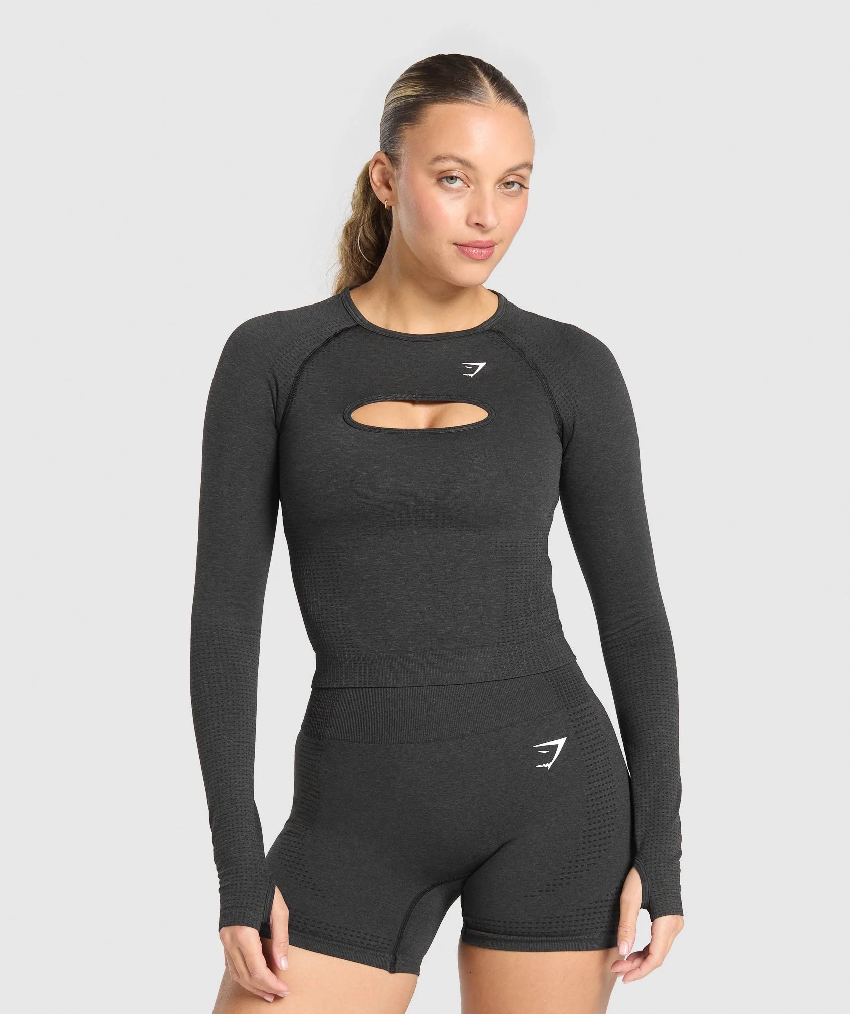 Vital Seamless Long Sleeve Cut Out Top - Black Marl